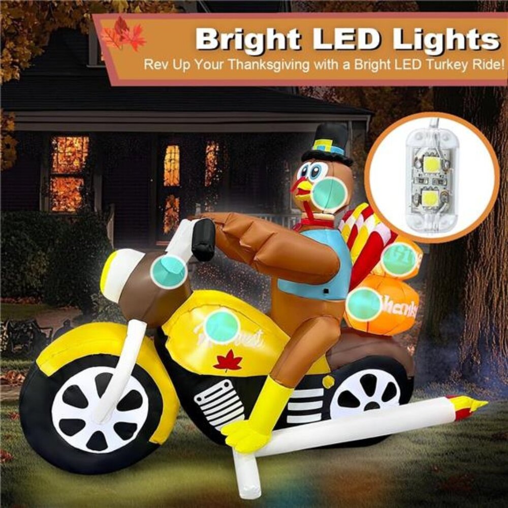 7FT Length Thanksgiving Inflatable Turkey Riding Motorcycle Decorations LED - Picture 3 of 7